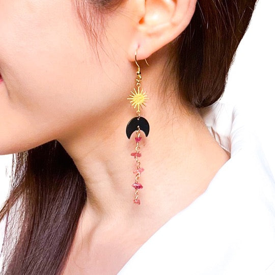 Strength and Vitality | Black Moon and Star Rubellite Earrings Gold or Silver