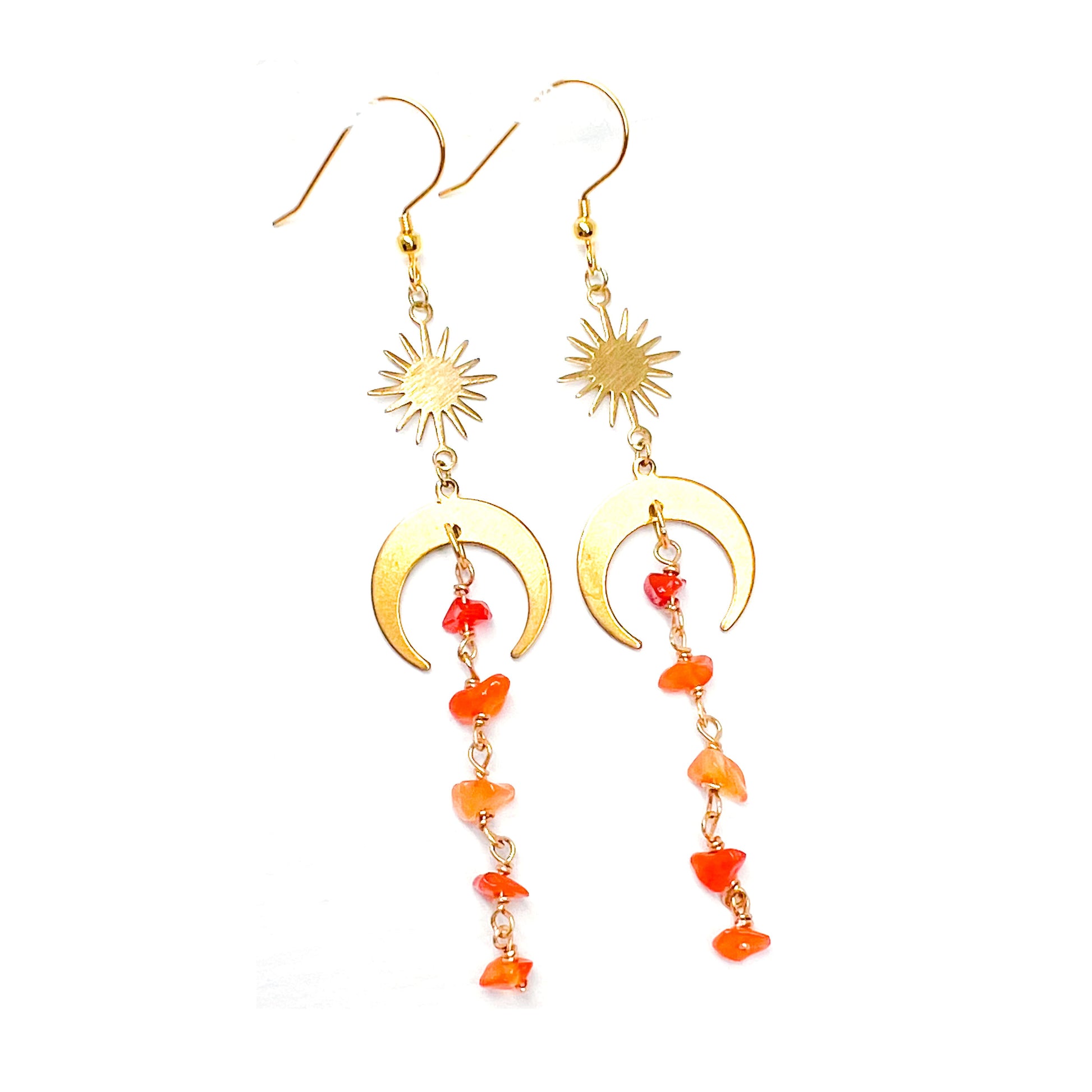Gold carnelian gemstone earrings for energy and motivation