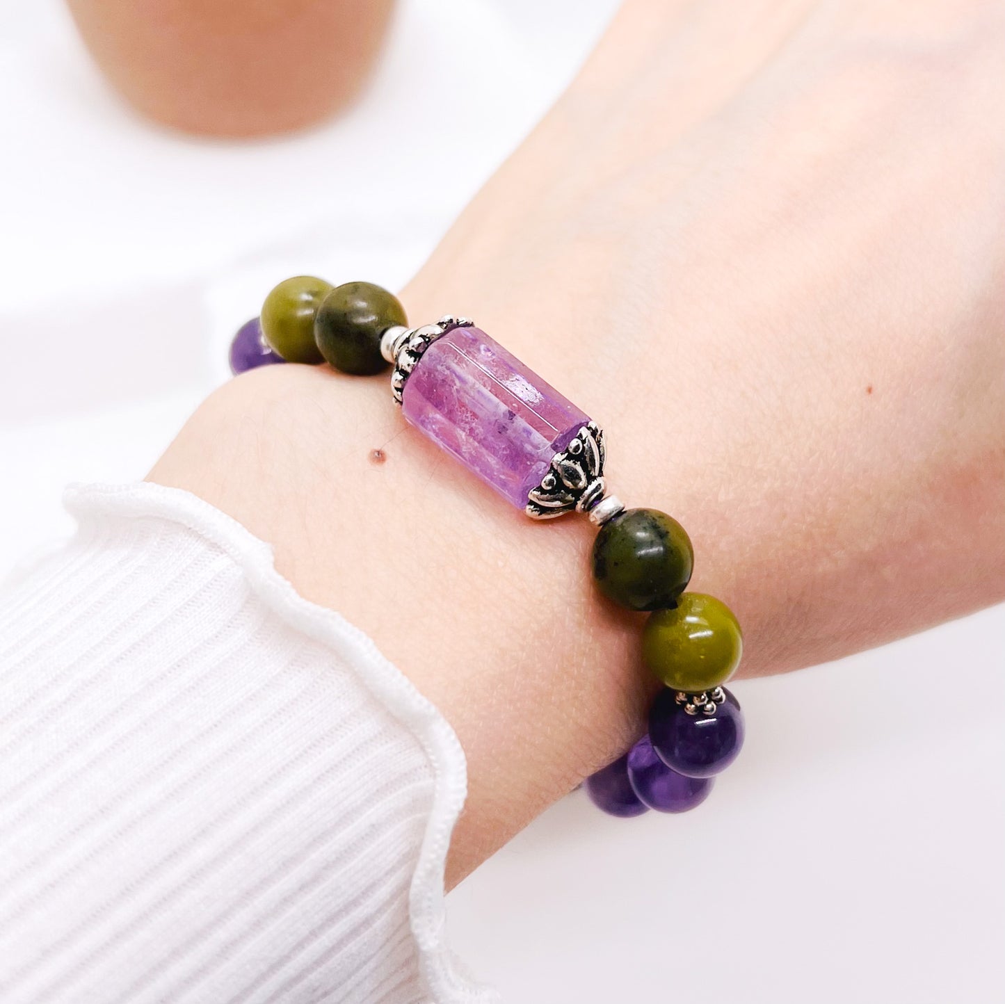 Amethyst and jade lotus mala bracelet