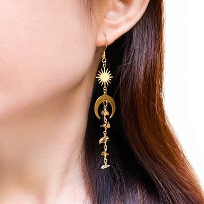 Moon and star citrine gold earrings