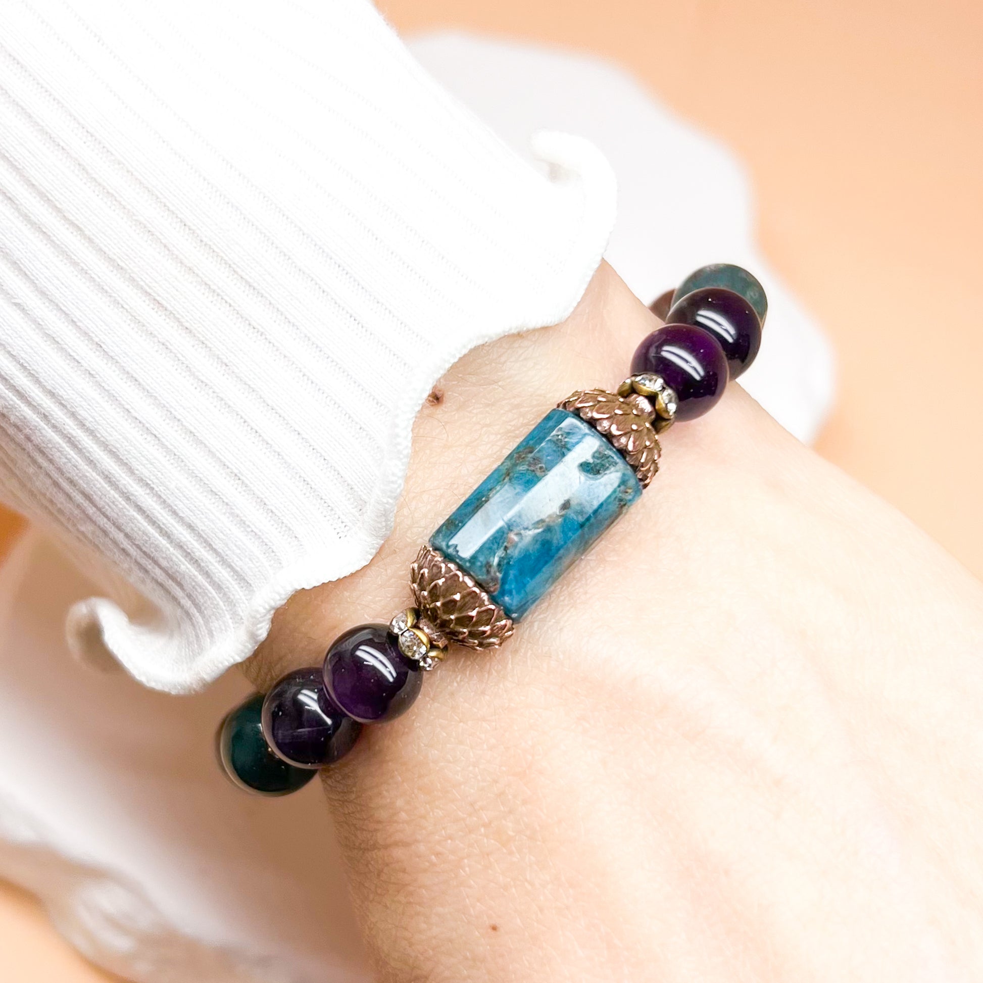 Apatite and amethyst lotus bracelet for luck and protection