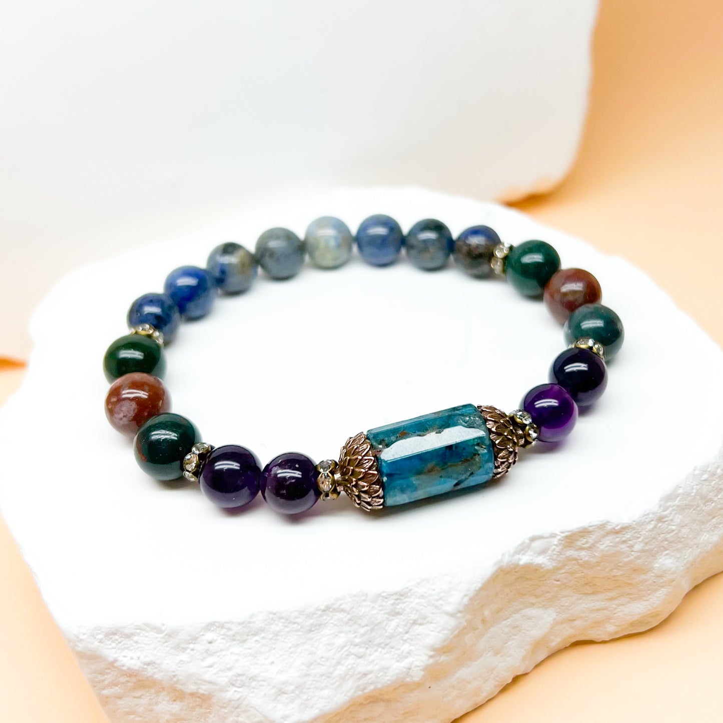 Blue apatite and bloodstone gemstone bracelet