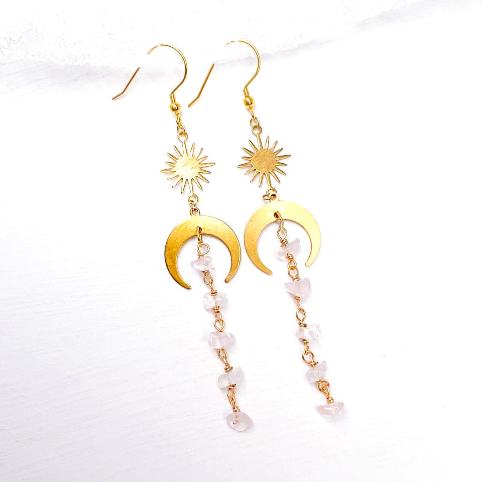 Moon and star rose quartz gold earrings