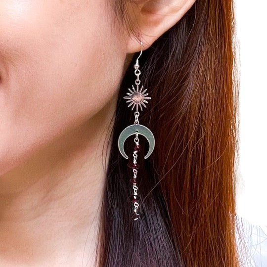 Moon and star garnet gemstone earrings