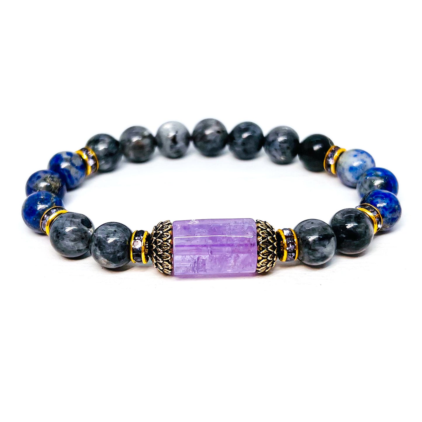 Amethyst, larvikite and  lapis lazuli meditation lotus bracelet