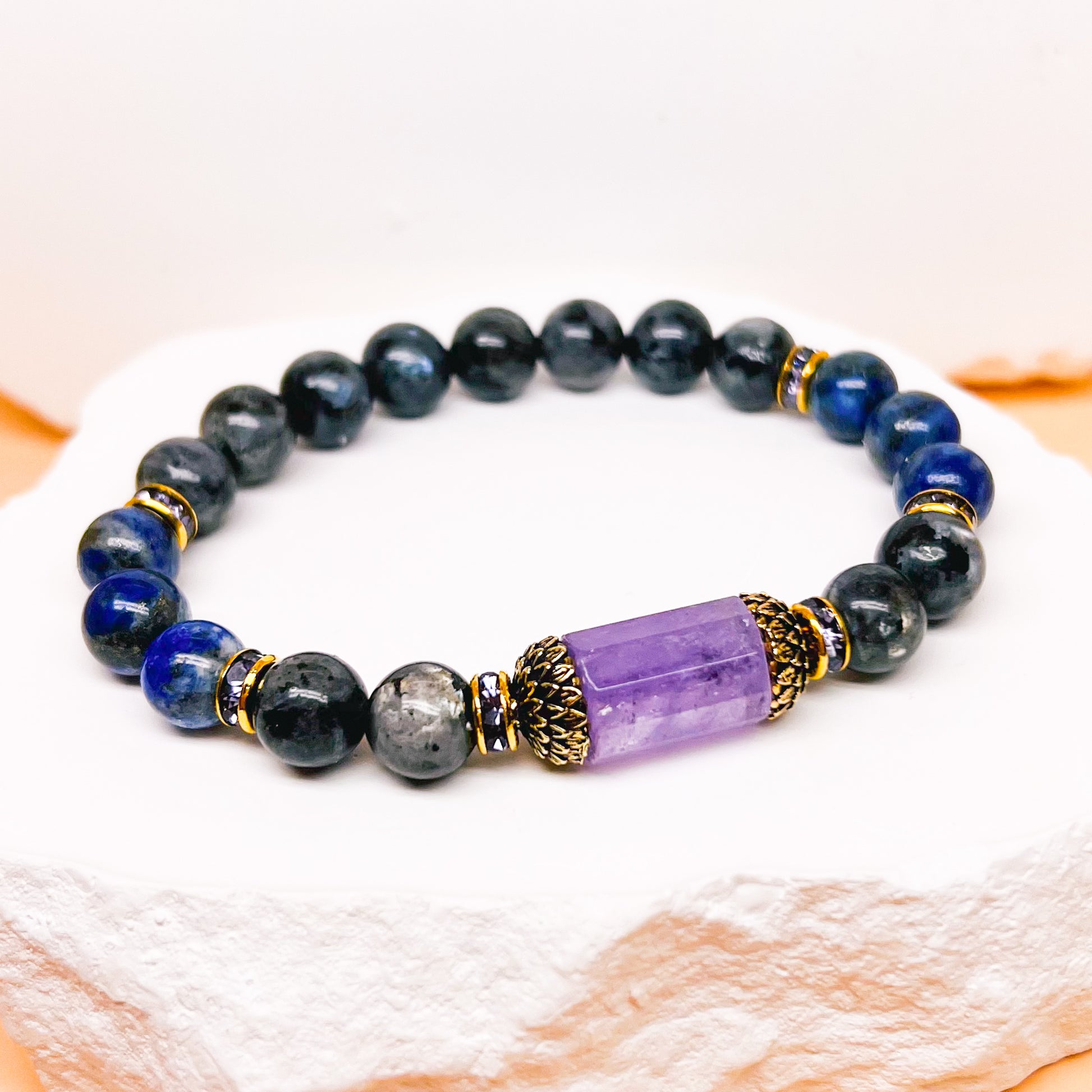 Amethyst, larvikite and  lapis lazuli meditation lotus bracelet
