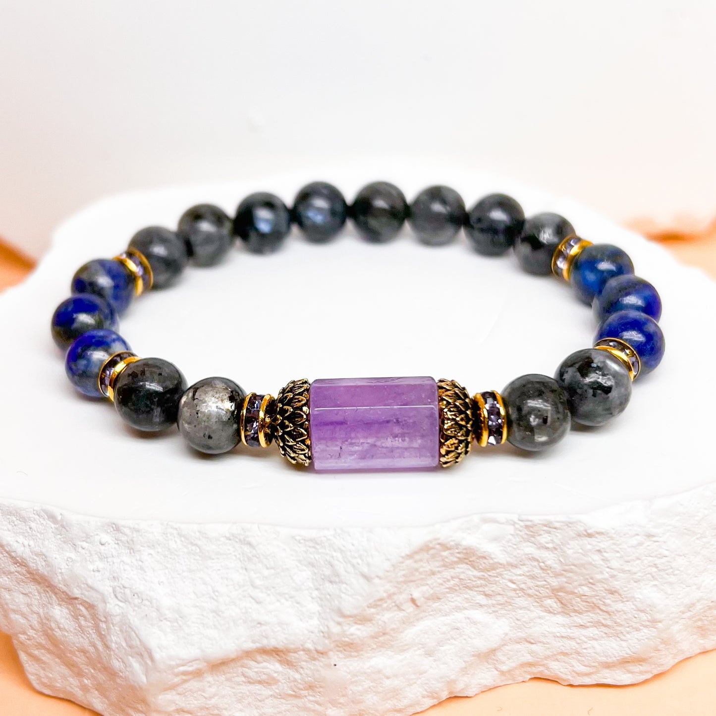 Amethyst, larvikite and  lapis lazuli meditation lotus bracelet