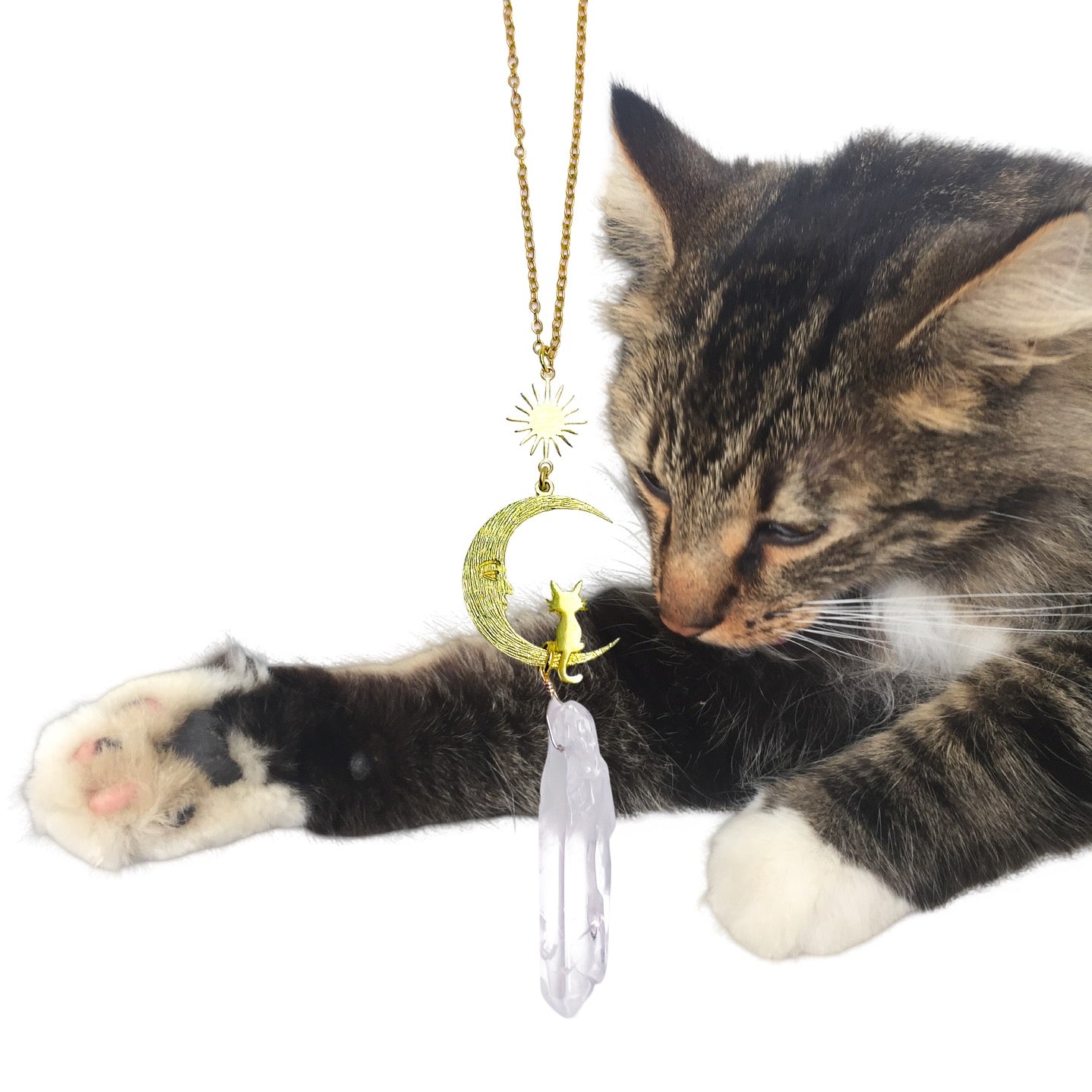 Gold moon and cat white quartz crystal car charm