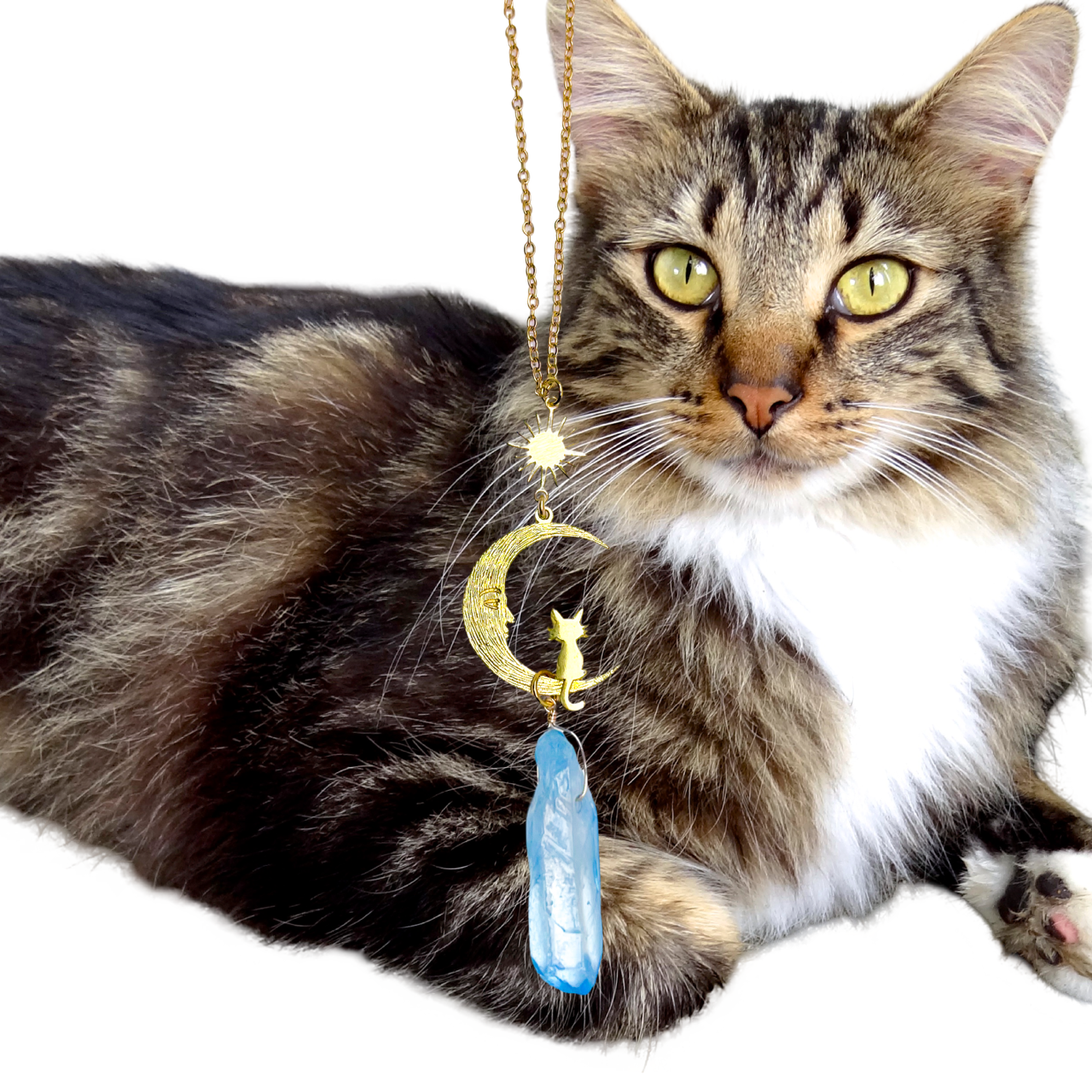 Gold moon and cat blue aura crystal car charm