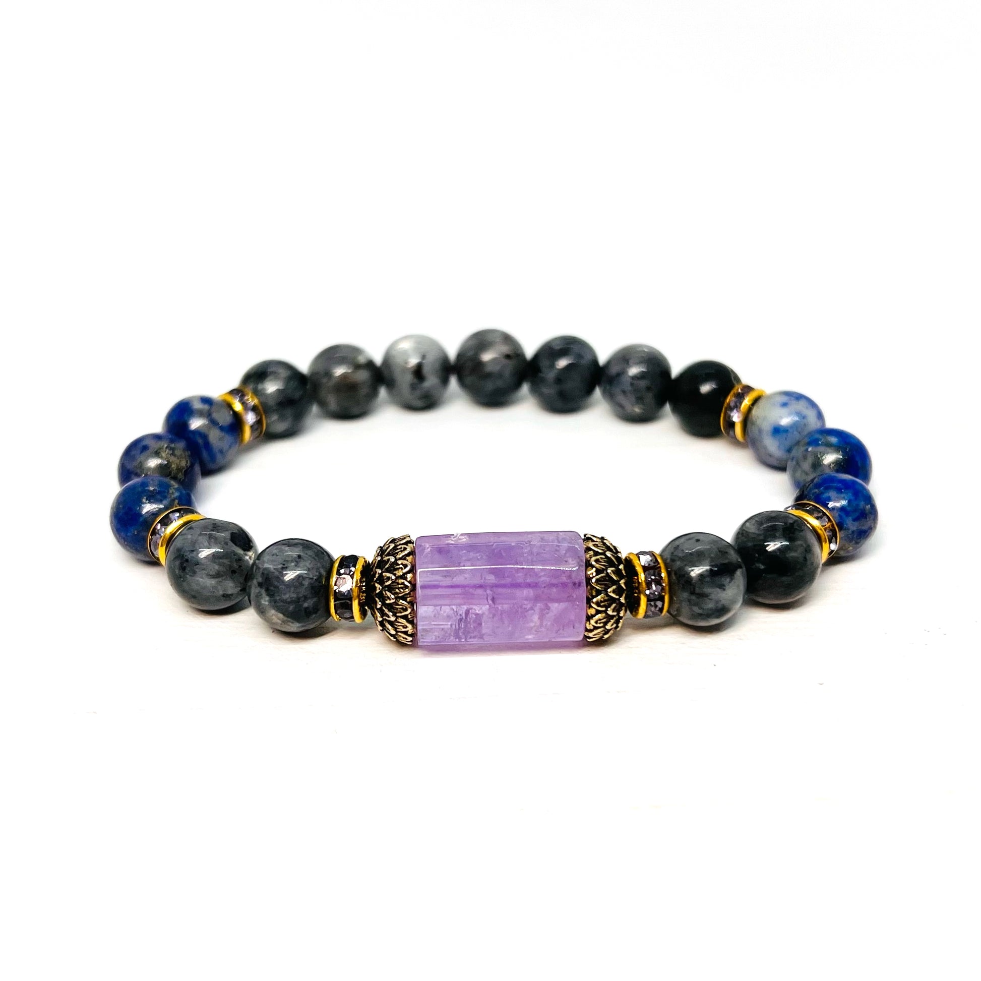 Larvikite, lapis lazuli and amethyst  lotus bracelet