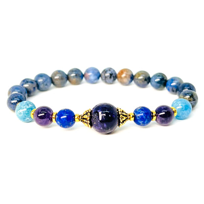 Lepidolite and dumortierite gemstone gold bracelet