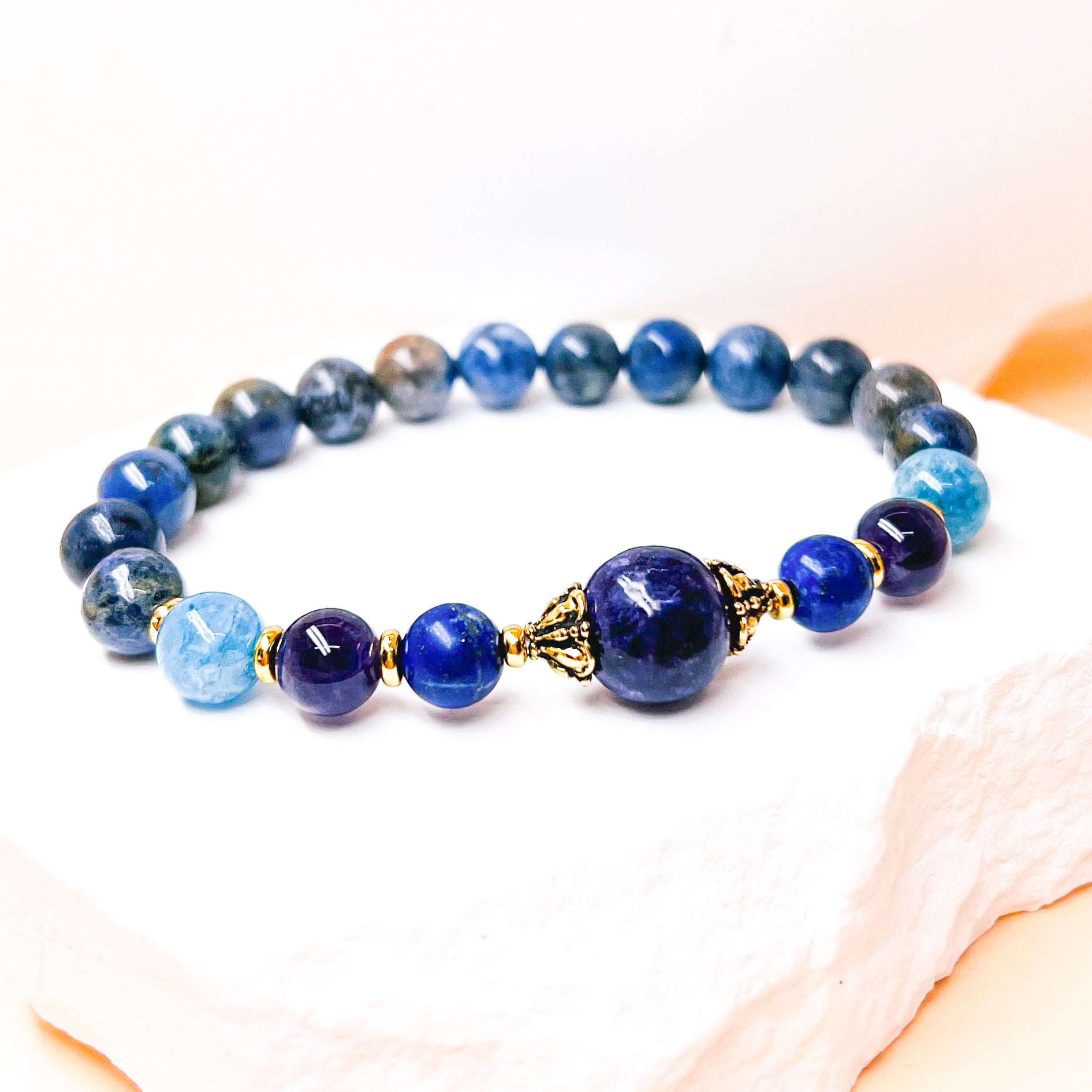Lepidolite and dumortierite gemstone gold bracelet