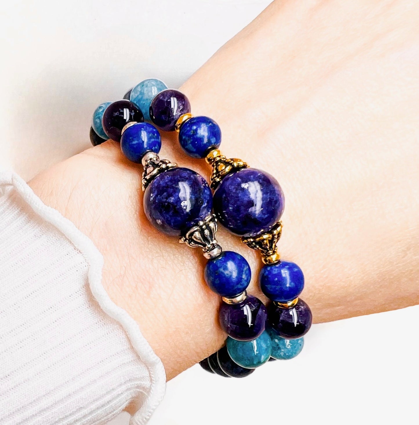 Lepidolite and dumortierite gemstone gold bracelet