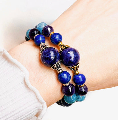 Lepidolite and dumortierite gemstone gold bracelet