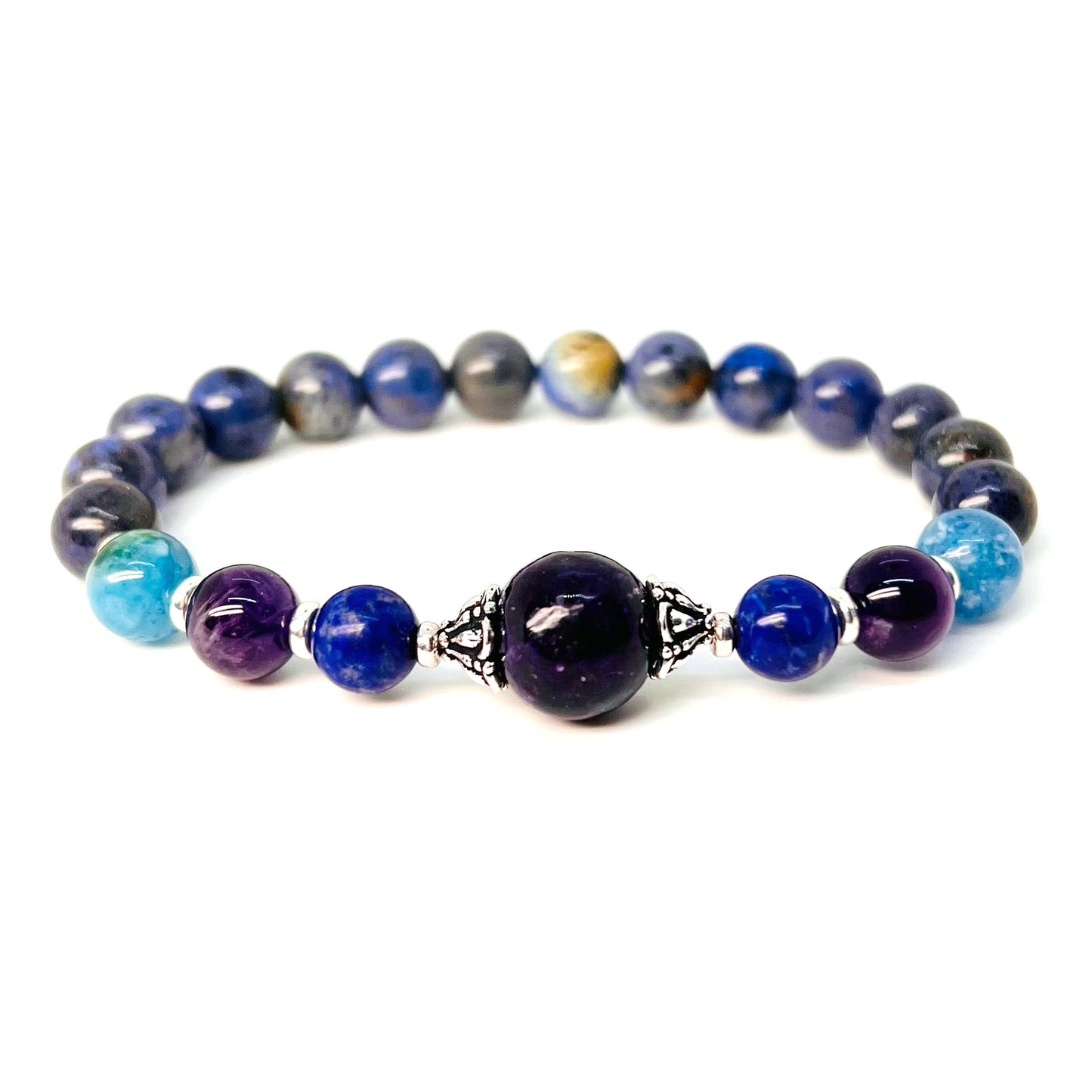 Lepidolite and dumortierite gemstone gold bracelet
