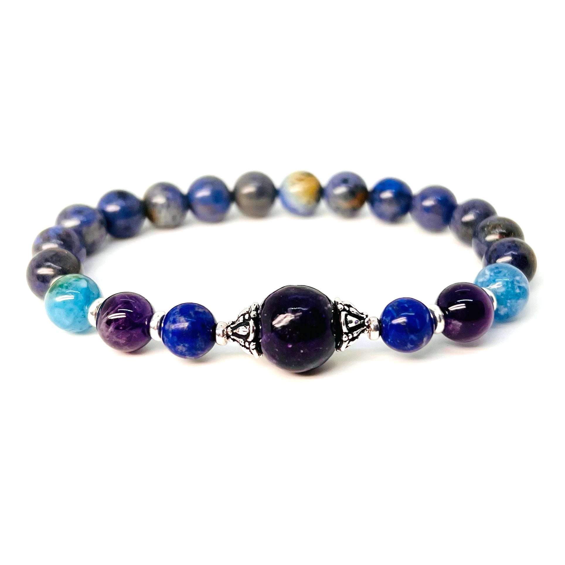 Lepidolite and dumortierite gemstone gold bracelet