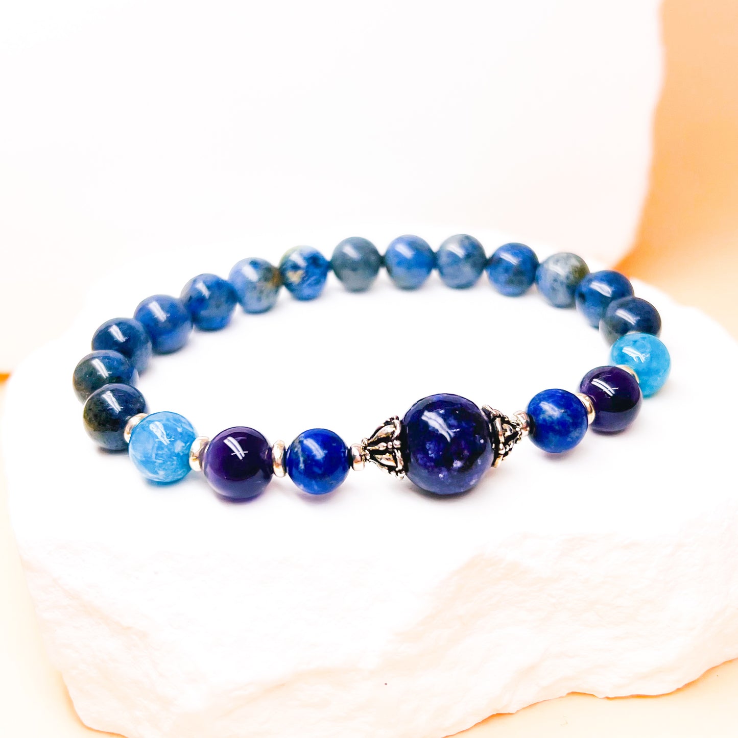 Lepidolite and dumortierite gemstone gold bracelet