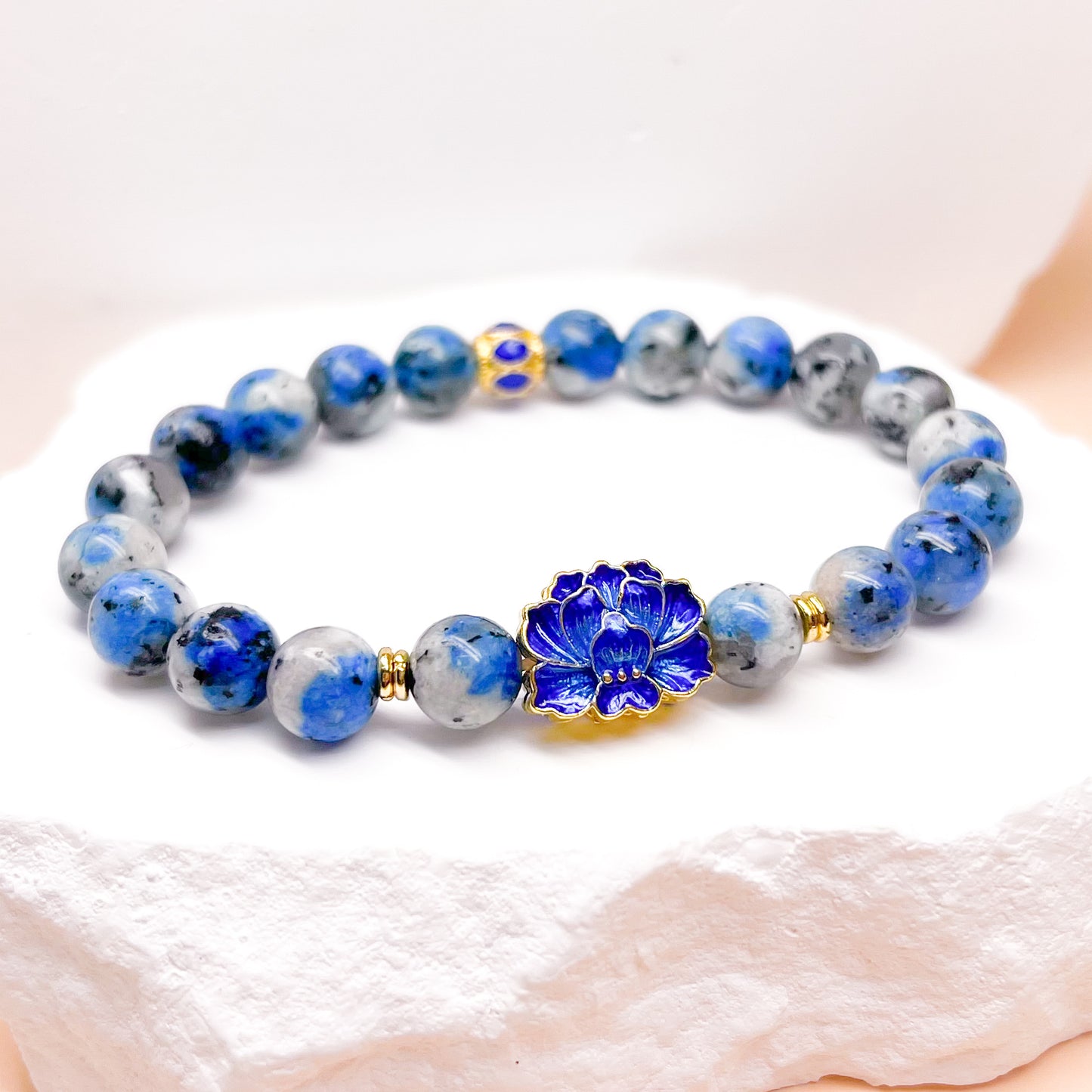 K2 and blue cloisonné lotus charm bracelet