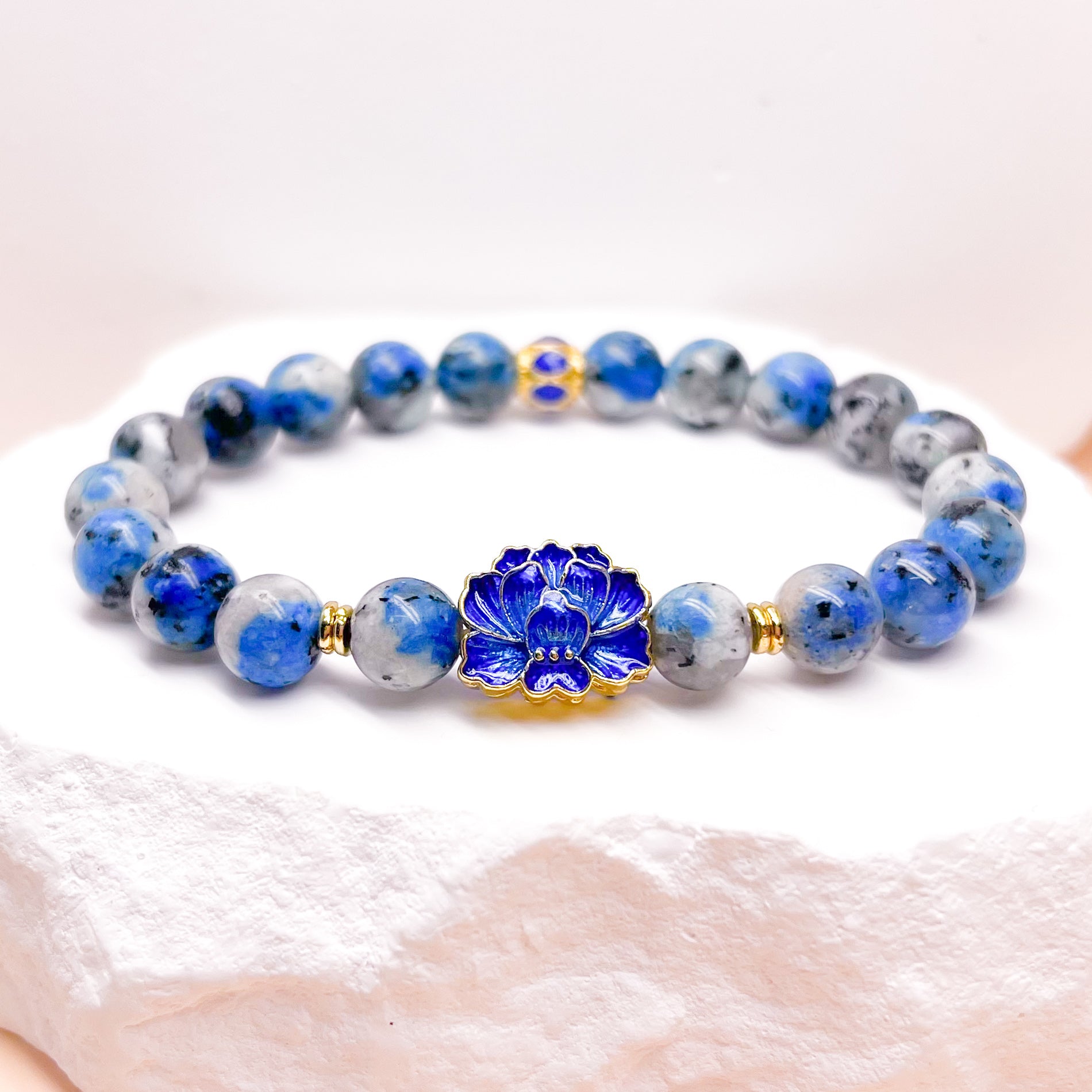 K2 and blue cloisonné lotus charm bracelet