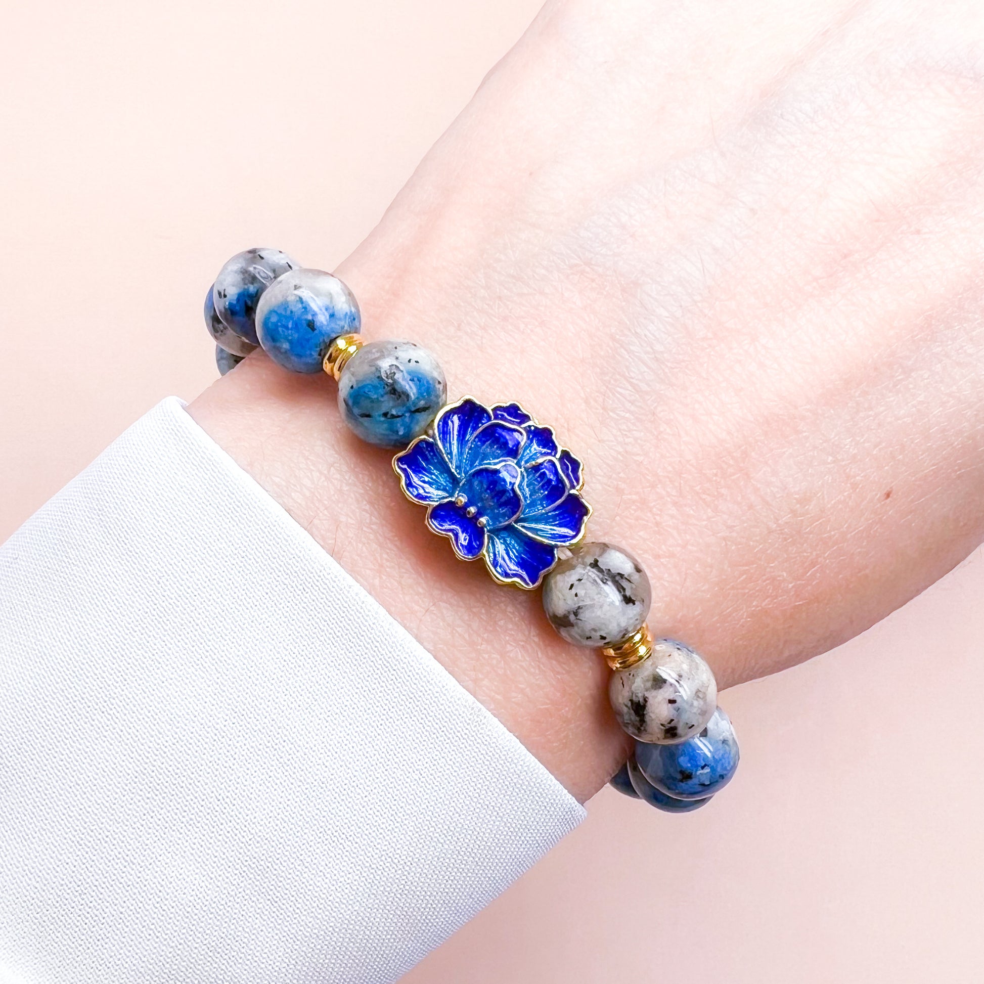 K2 and blue cloisonné lotus charm bracelet