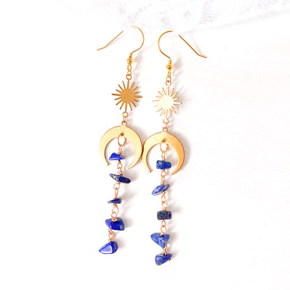 Moon and star lapis lazuli  gold earrings