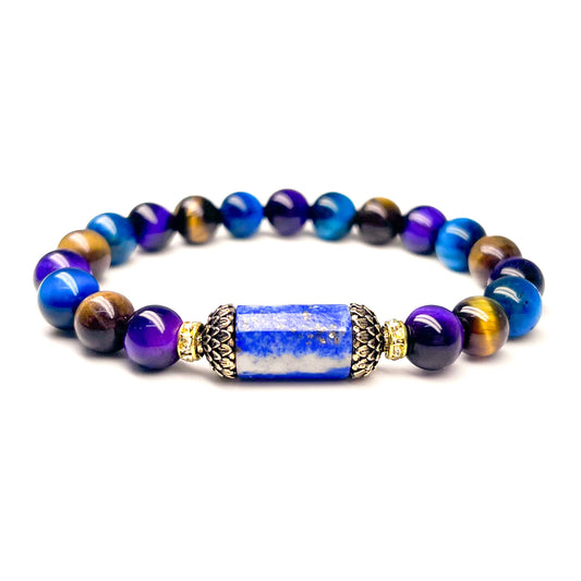 Tiger eye and lapis lazuli lotus bracelet