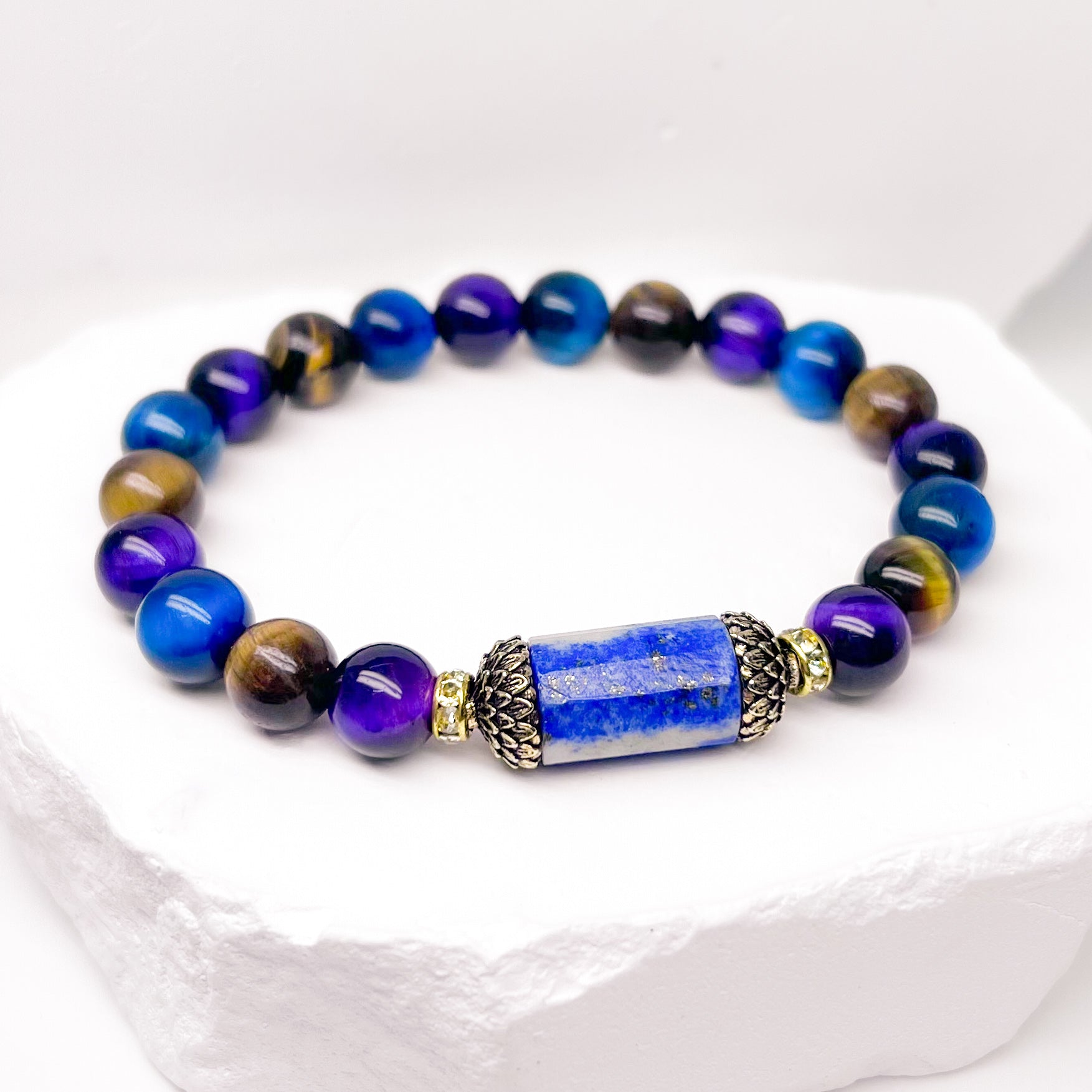 Tiger eye and lapis lazuli lotus bracelet