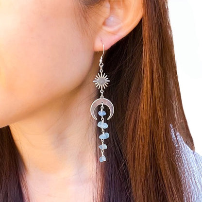 Moon and star aquamarine silver earrings