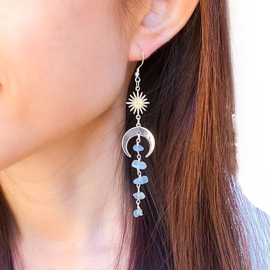 Moon and star aquamarine long earrings