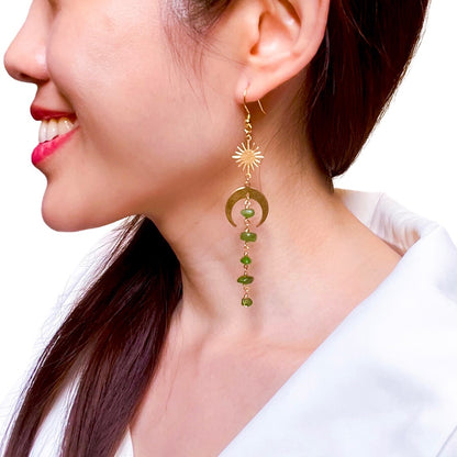 Moon and star jade long earrings