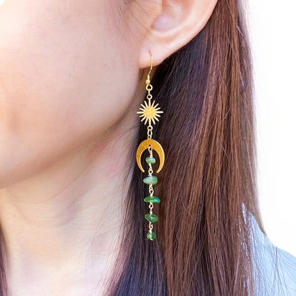 Moon and star jade long earrings