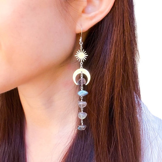 Labradorite moon and star drop earrings