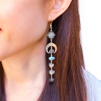 Labradorite moon and star drop earrings