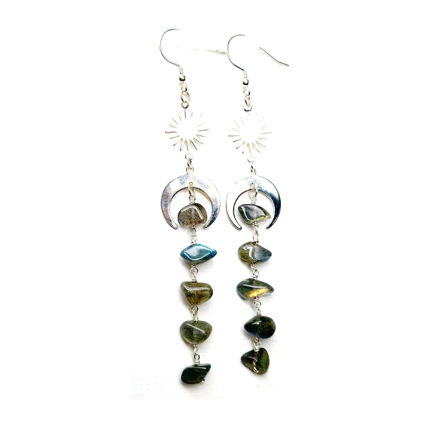 Labradorite moon and star drop earrings