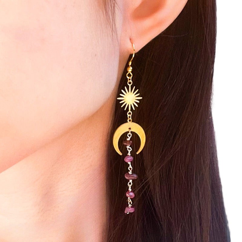 Moon and star ruby gold drop earrings