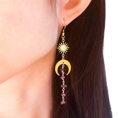 Moon and star ruby gold drop earrings