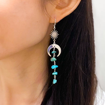 Moon and star turquoise silver drop earrings