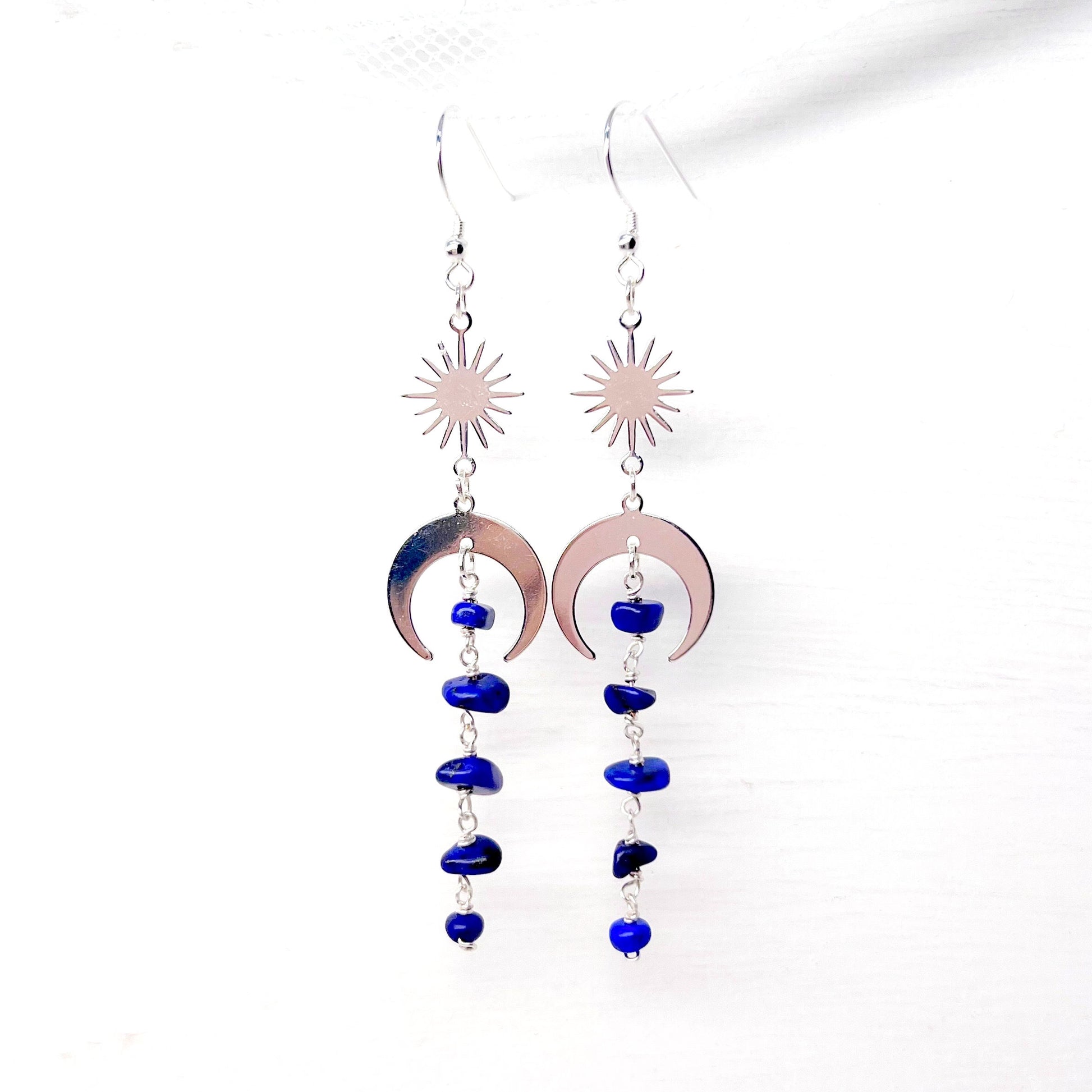 Moon and star lapis lazuli earrings silver