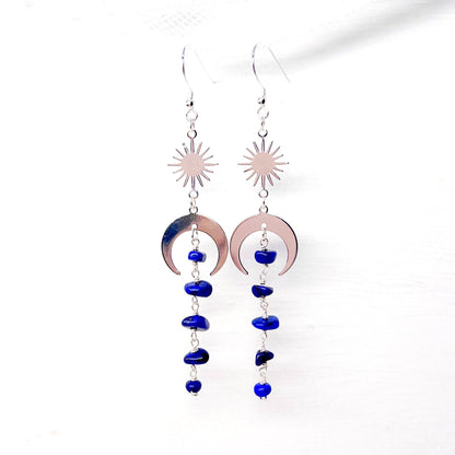 Moon and star lapis lazuli earrings silver