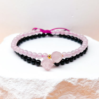 Rose quartz rose and onyx bracelet for harmony and peace 