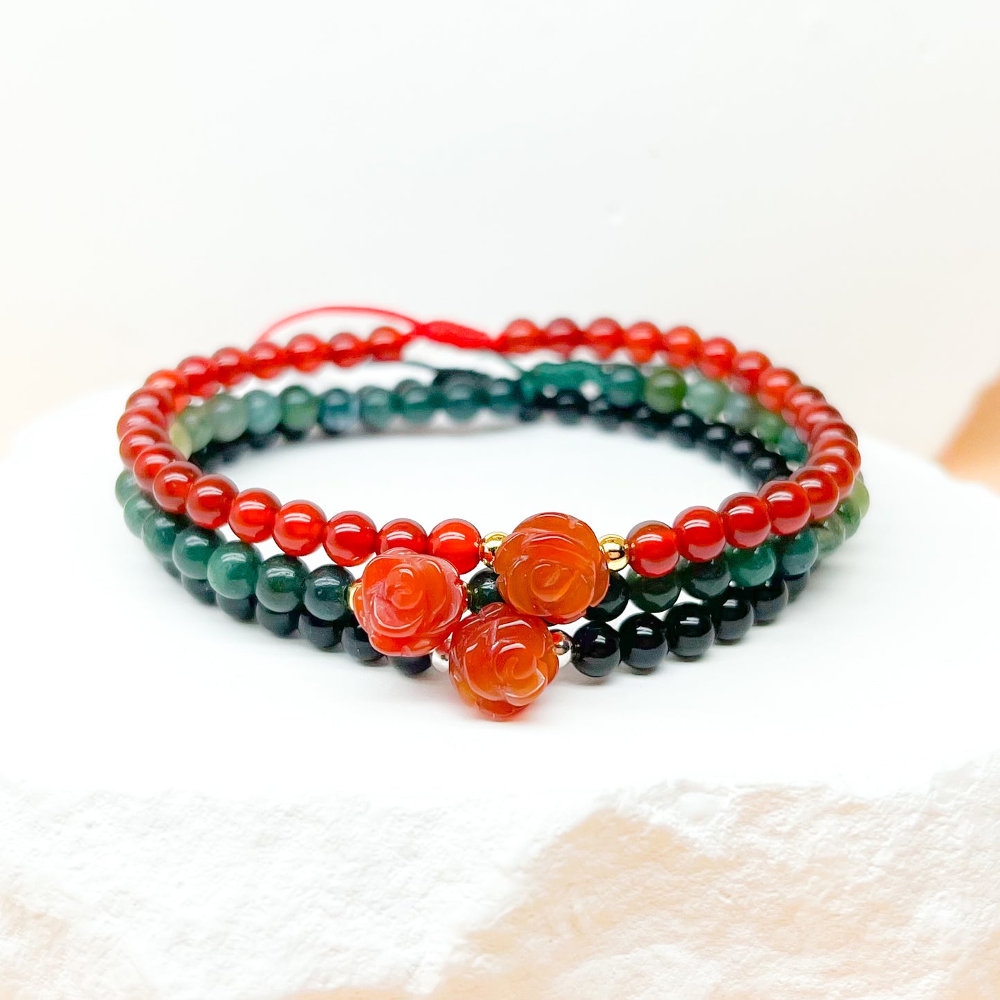 Rose agate, onyx and moss agate bracelet
