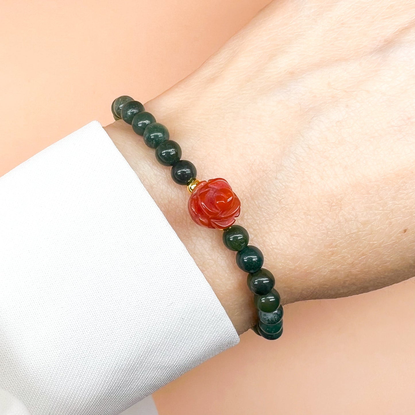 Red agate rose and moss agate bracelet