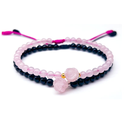 Rose quartz rose and onyx bracelet