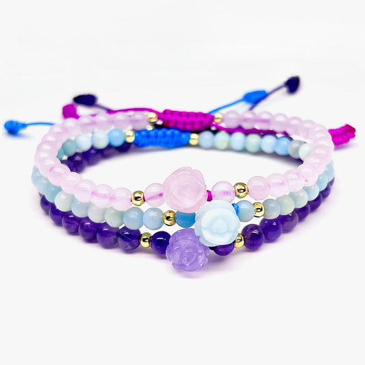 Rose quartz, amazonite and amethyst rose bracelet