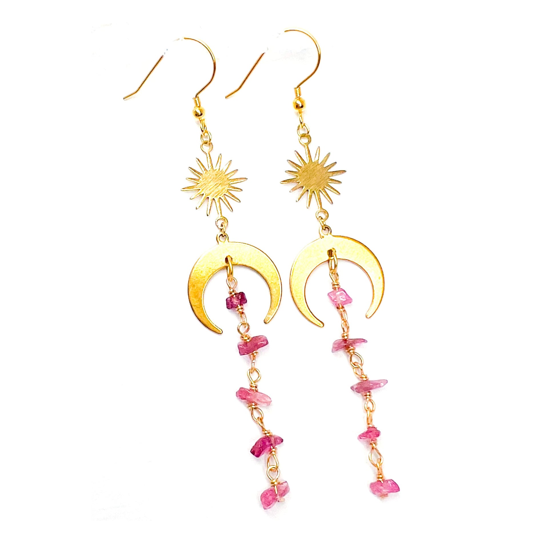 Moon and star rubellite gold earrings for strength