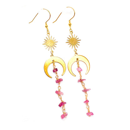 Moon and star rubellite gold earrings for strength