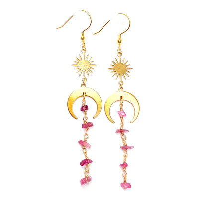 Moon and star rubellite gold earrings for vitality