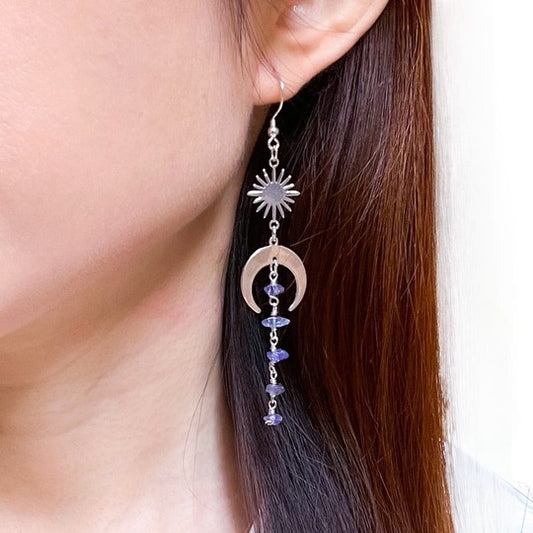Nurturing and Divine Healing | Moon and Star Tanzanite Gold or Silver Earrings