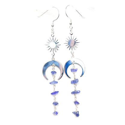 Nurturing and Divine Healing | Moon and Star Tanzanite Gold or Silver Earrings