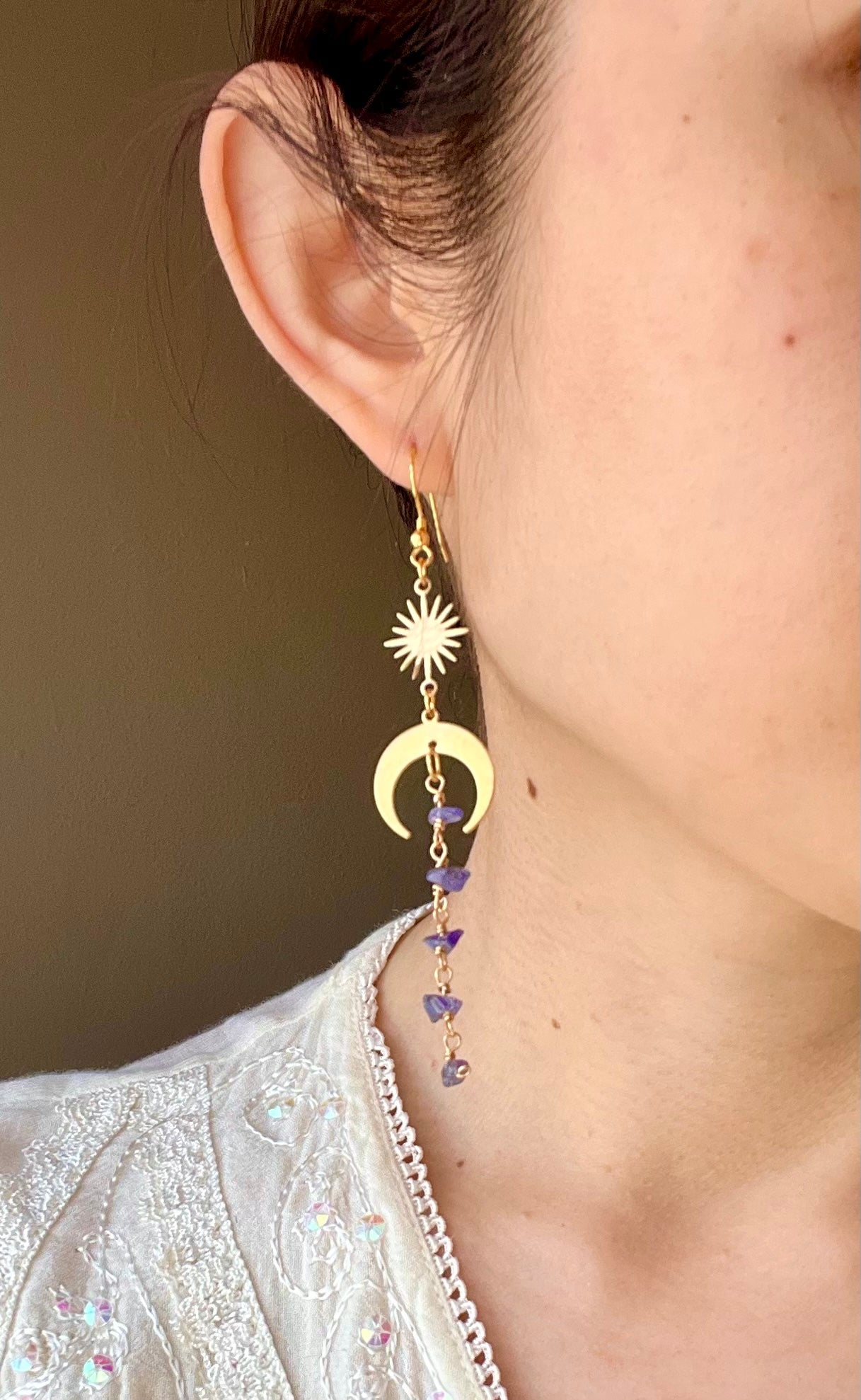 Moon and star tanzanite gold earrings